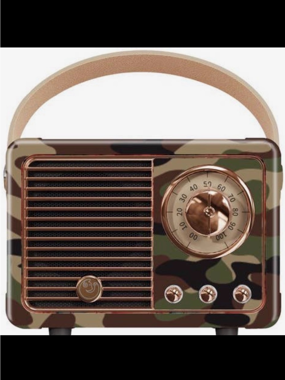 Camouflage Portable Bluetooth Speaker with Tan Strap.